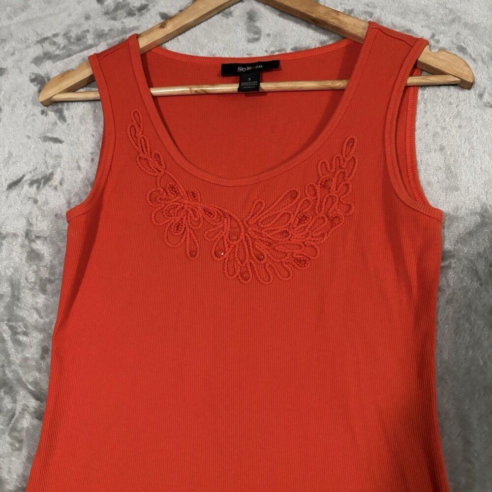 Style & Co Ribbed Embroidered Tank Top Orange Red Small Y2K Indie Sleaze Boho